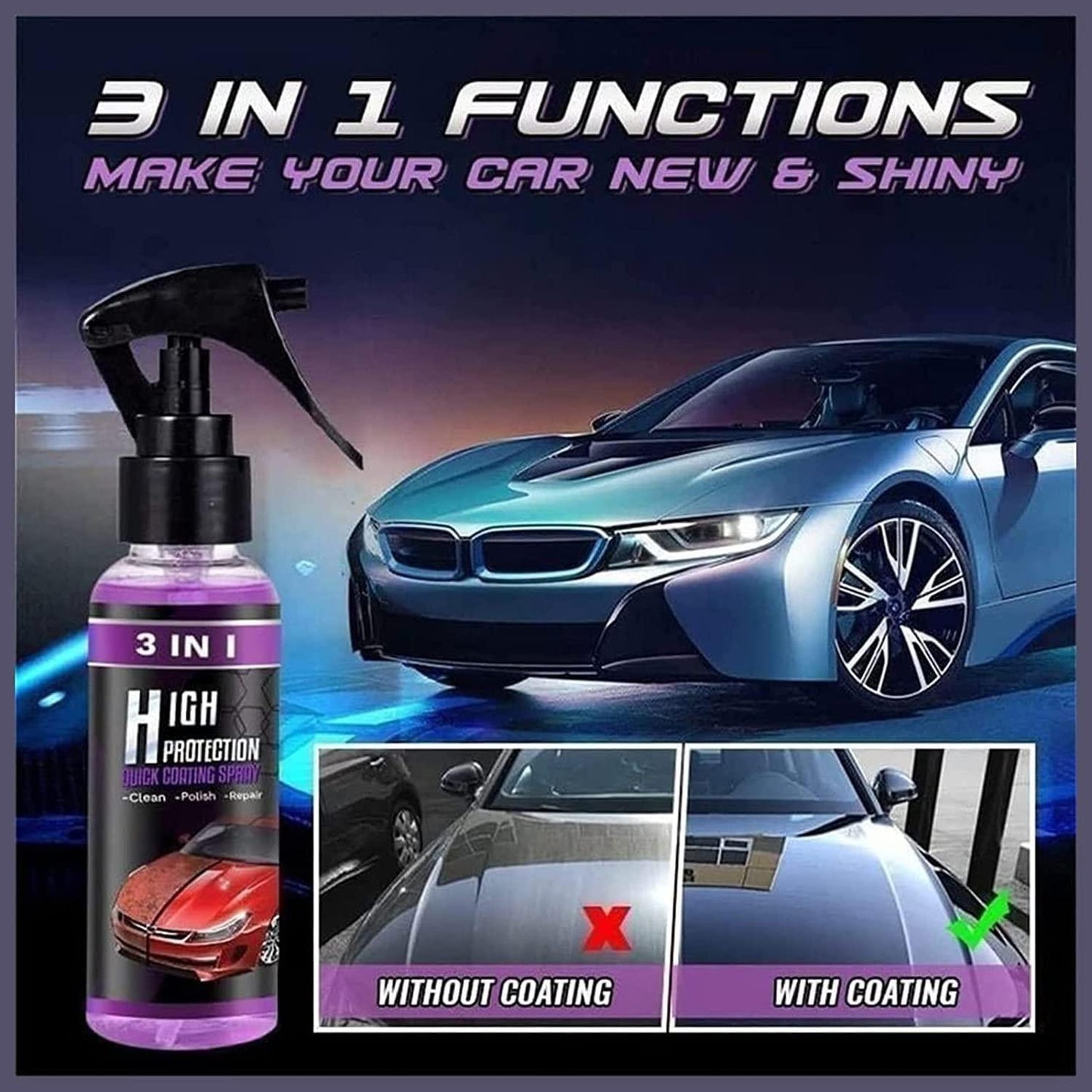 3 in 1 High Protection Quick Car Ceramic Coating Spray - Car Wax Polish Spray (Pack 1)